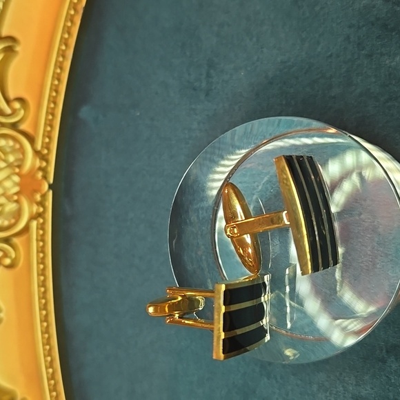 Gold and Black Striped Stainless Steel Cufflinks Brand New - Picture 2 of 10